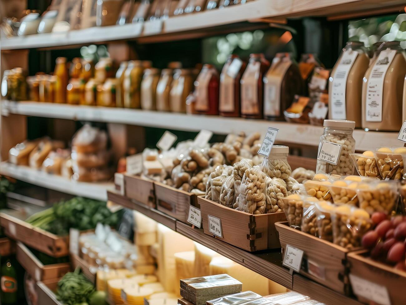 Shelves with different types of olives and sunflower oil in supermarket photo