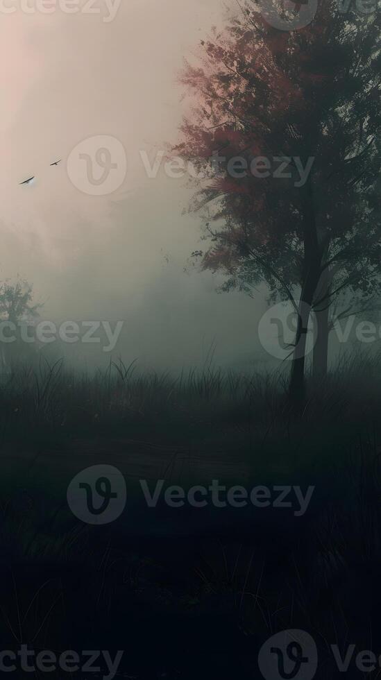 Beautiful foggy landscape with trees and birds in the swamp. photo