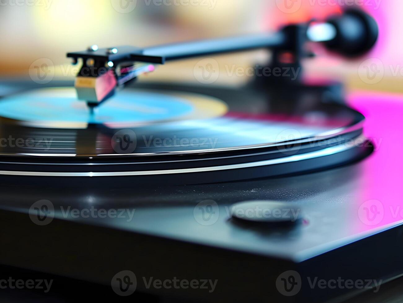 Turntable playing vinyl record in music studio, close-up photo