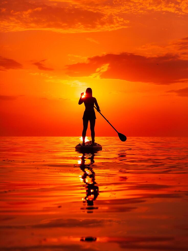 Silhouette of woman on stand up paddle board at quiet ocean with warm sunset or sunrise. Woman on SUP board and bright sunset with reflection on water photo