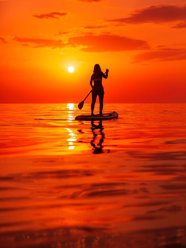 June 25, 2021. Anapa, Russia. Silhouette of woman paddle on stand up paddle board at quiet sea with sunset. Woman on Red Paddle sup board and sunset with reflection photo