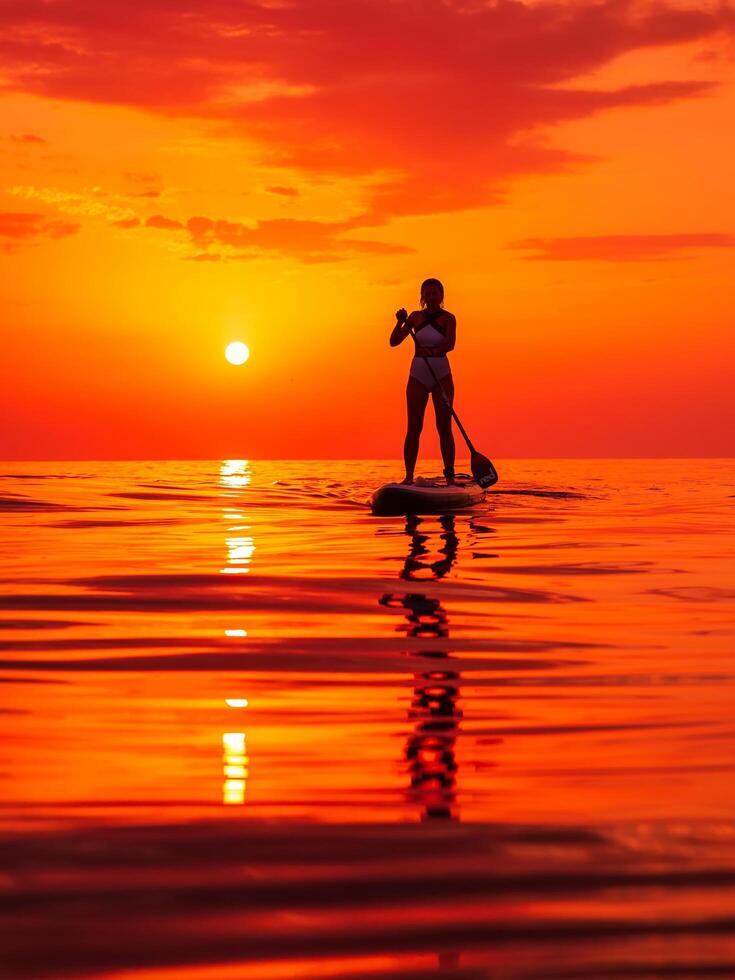 June 26, 2021. Dalaman, Turkey. Silhouette of woman on stand up paddle board at quiet sea with warm sunset or sunrise. photo