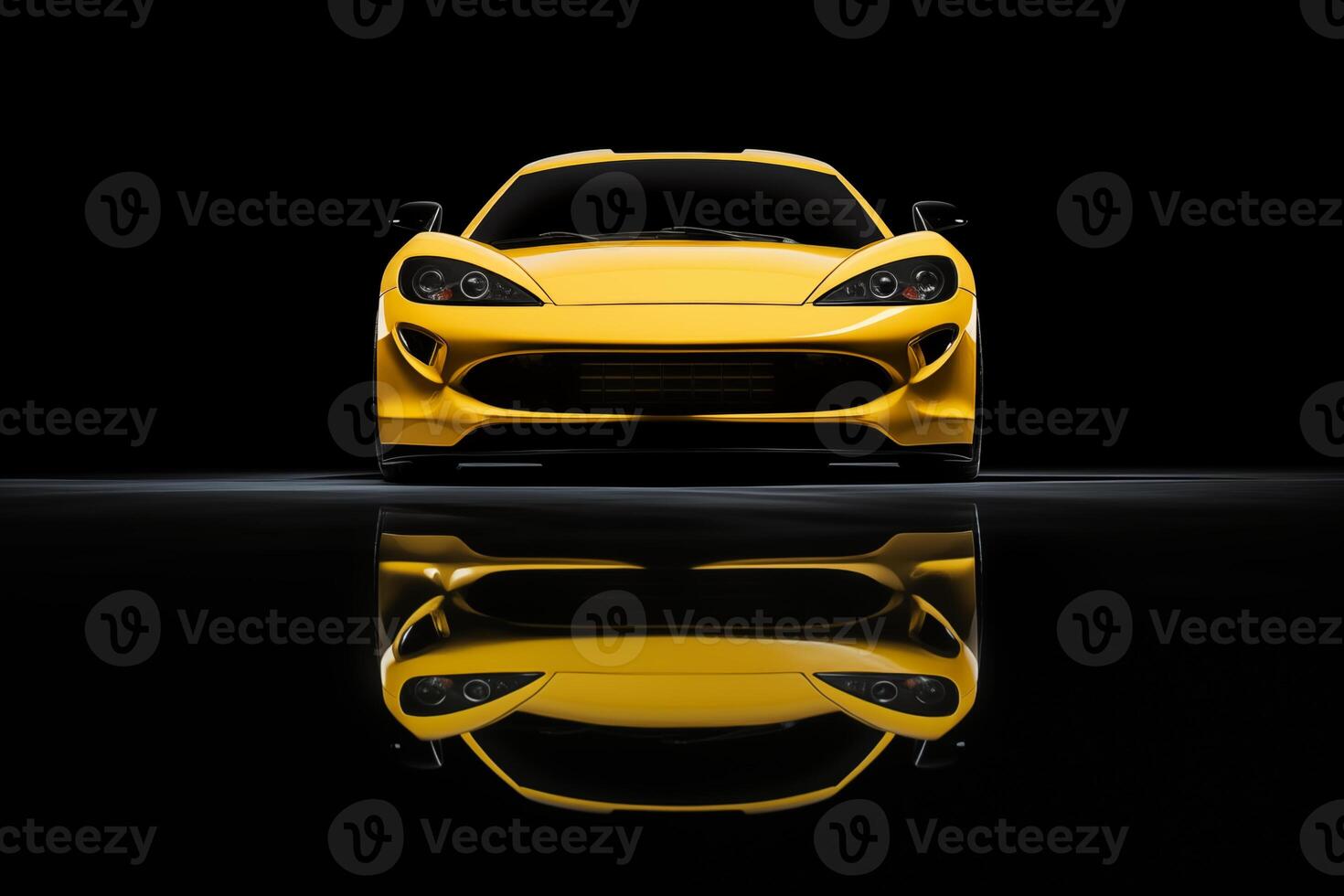 The futuristic yellow sports car on a dark background photo