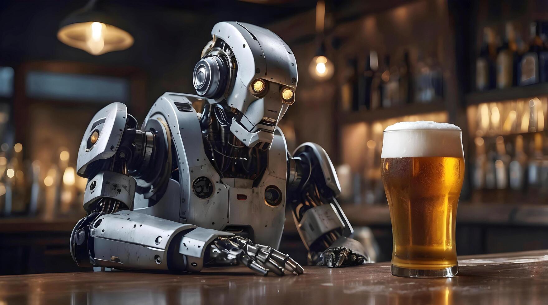 Sad looking lonely robot android drinking pint of beer in pub, ai concept, artificial intelligence background, cinematic photo