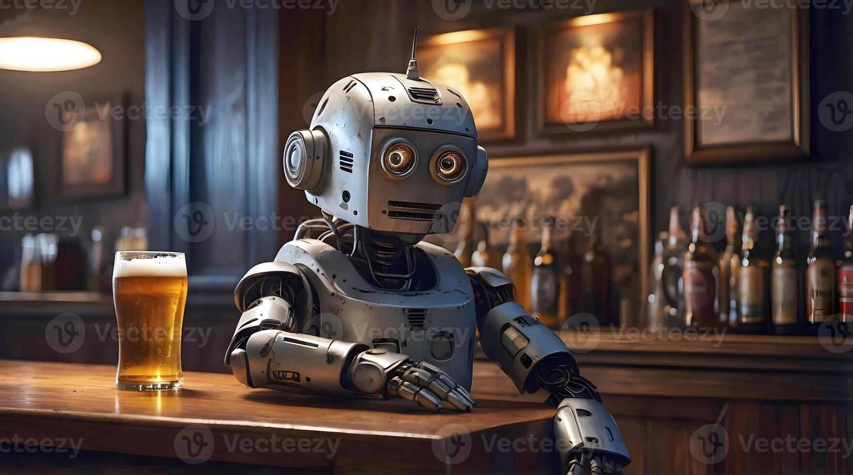 Sad looking lonely robot android drinking pint of beer in pub, ai concept, artificial intelligence background, cinematic photo