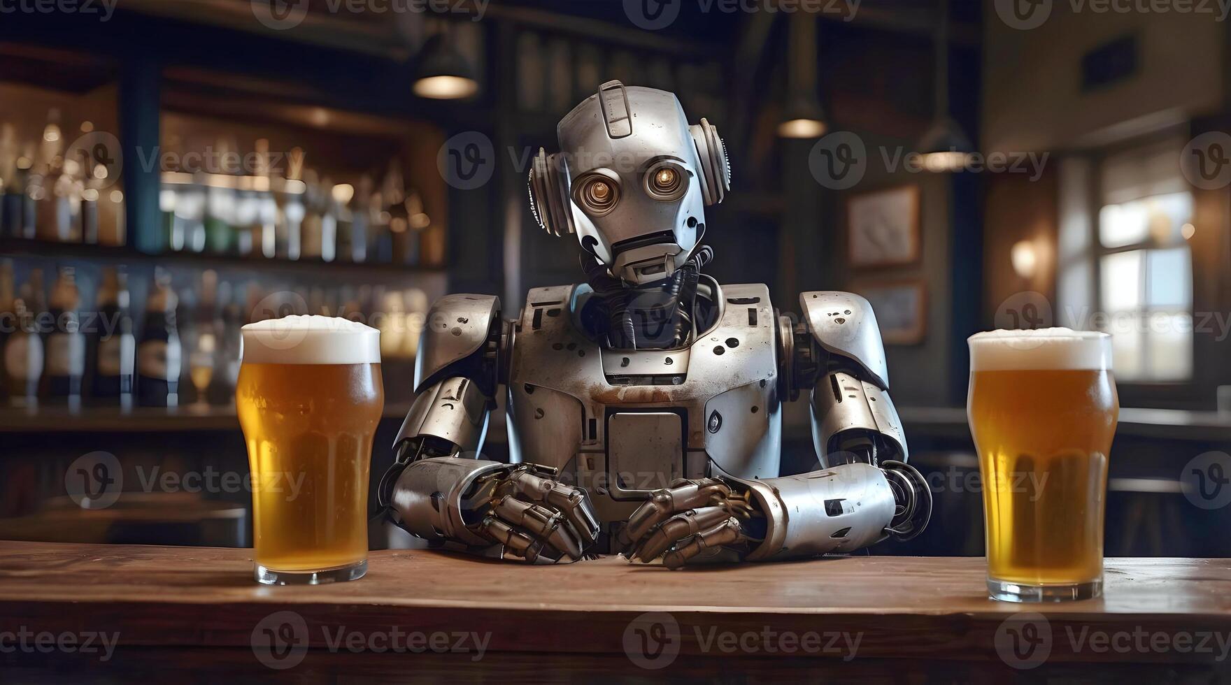 Sad looking lonely robot android drinking pint of beer in pub, ai concept, artificial intelligence background, cinematic photo
