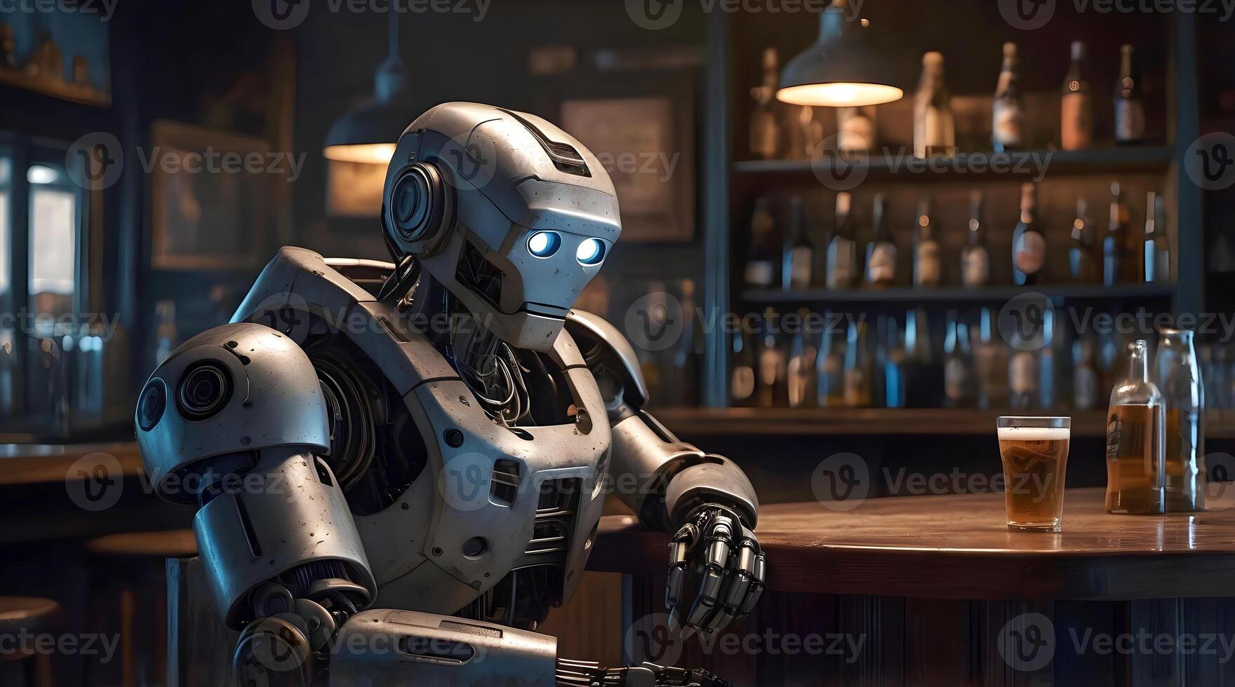 Sad looking lonely robot android drinking pint of beer in pub, ai concept, artificial intelligence background, cinematic photo