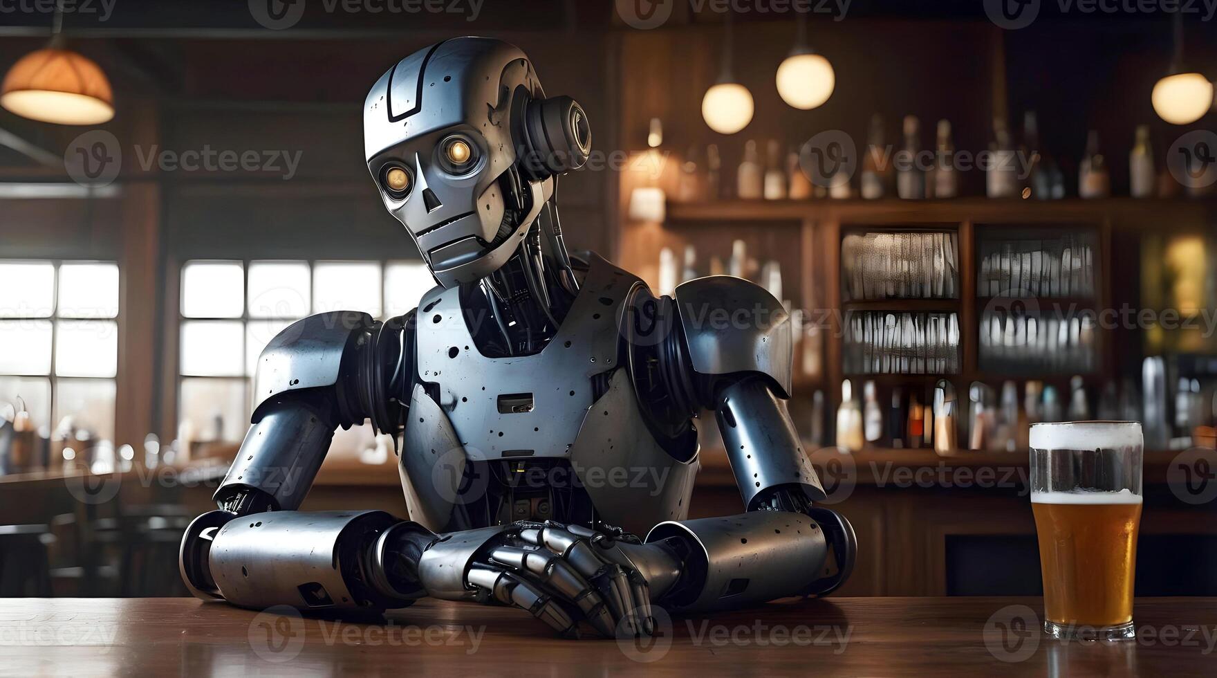 Sad looking lonely robot android drinking pint of beer in pub, ai concept, artificial intelligence background, cinematic photo