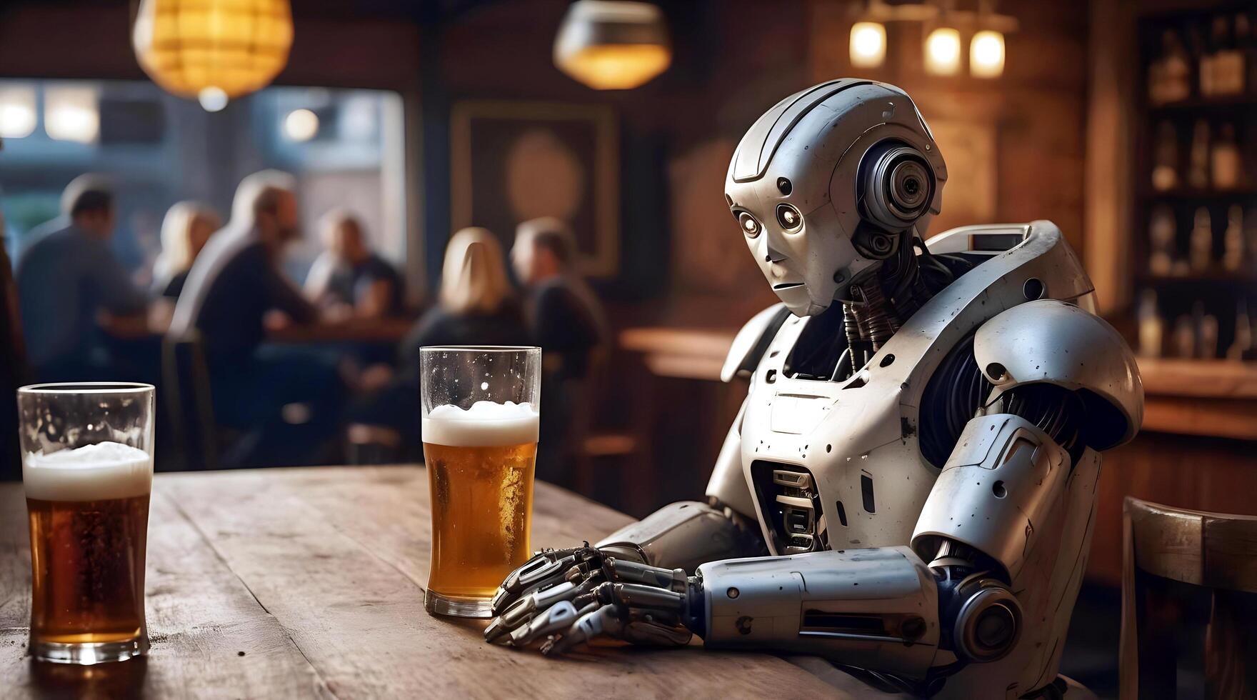 Sad looking lonely robot android drinking pint of beer in pub, ai concept, artificial intelligence background, cinematic photo