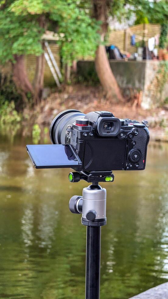 Closeup of modern mirrorless dslr camera recording beautiful scene at Galway, ireland, technology concept background photo
