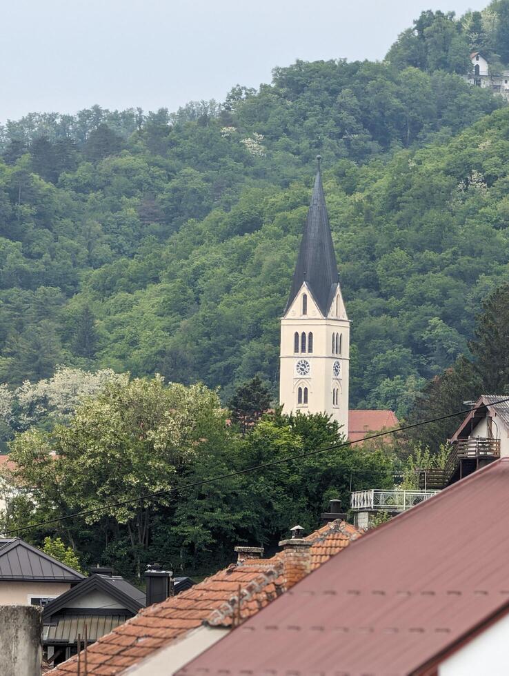 Beautiful hillside cityscape, St Nicholas Parish Church in Krapina, Croatia, Hrvatsko zagorje, buildings and architecture background, wallpaper photo
