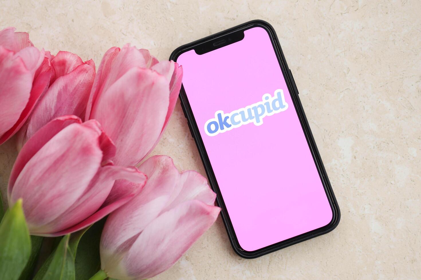 KYIV, UKRAINE - FEBRUARY 23, 2024 Okcupid logo of famous dating website or app on iPhone display photo