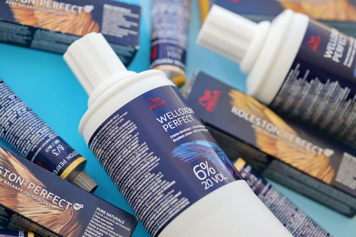 KYIV, UKRAINE - OCTOBER 31, 2023 Welloxon perfect and Koleston perfect production of Wella brand. Wella Professionals It is a brand of hair color and hair care products photo