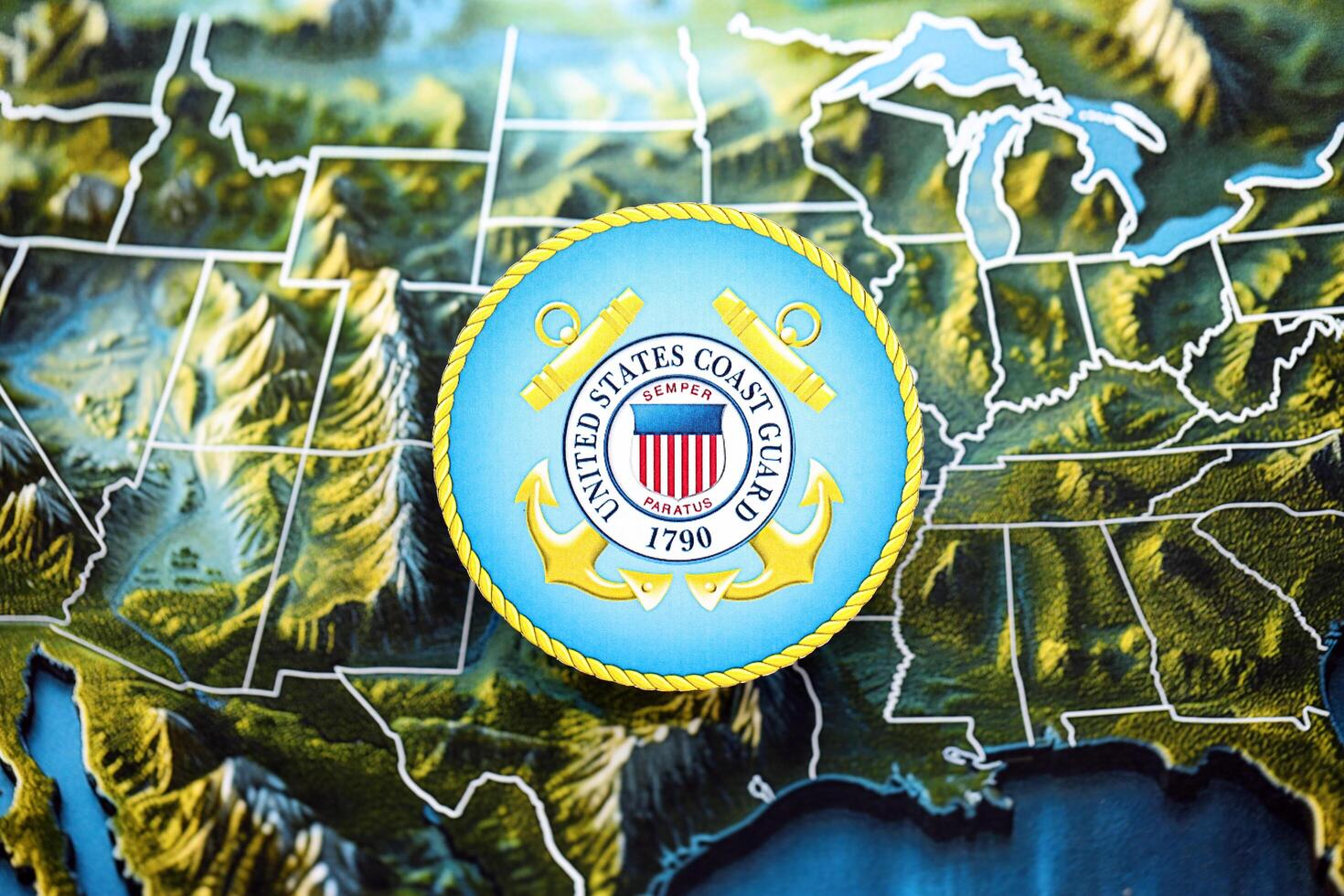 KYIV, UKRAINE - JUNE 26, 2024 United States Coast Guard coat of arms on paper map of United States photo