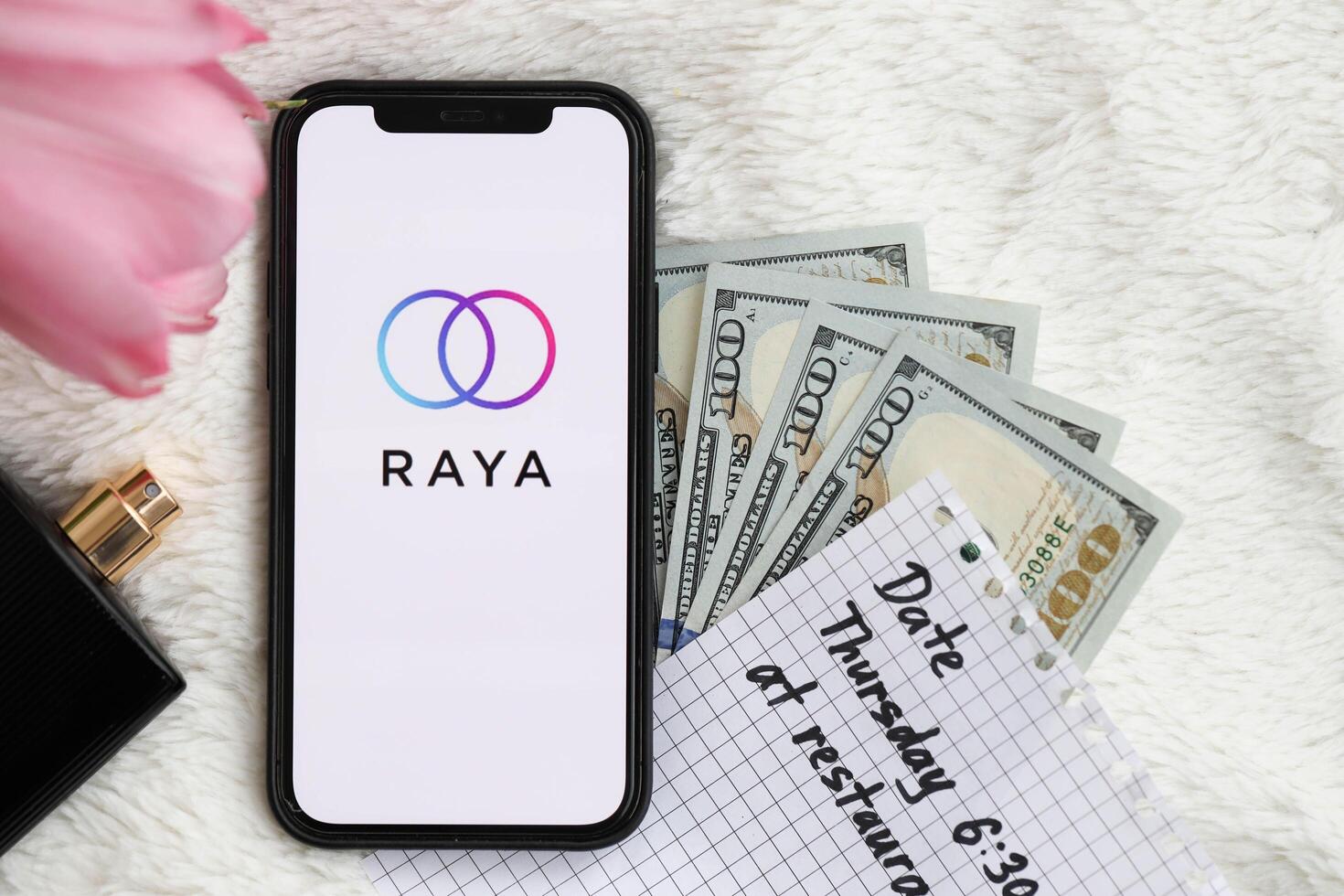 KYIV, UKRAINE - FEBRUARY 23, 2024 Raya logo of famous dating website or app on iPhone display photo