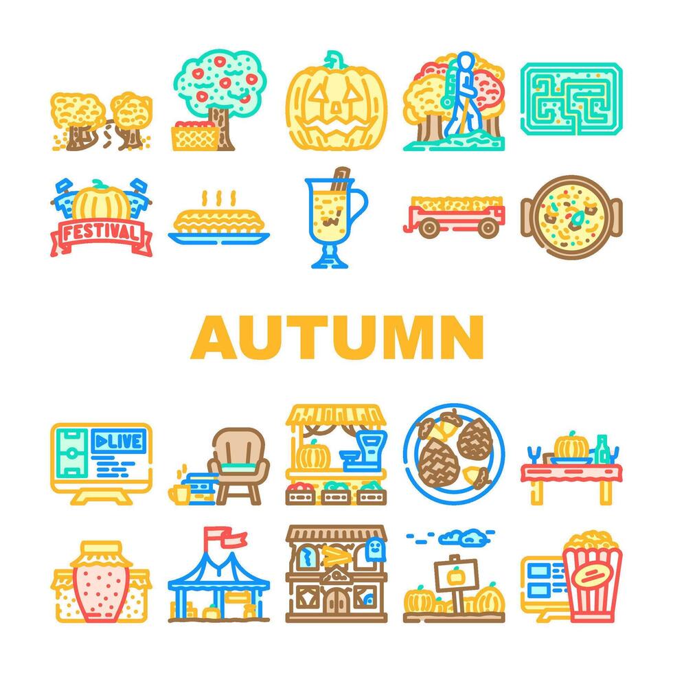 autumn spend time forest icons set vector