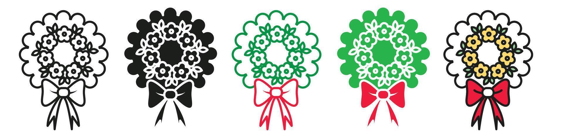 Xmas Festival Wreath Garland Icons with Festive Ribbon Tie Bows for Door Decor vector