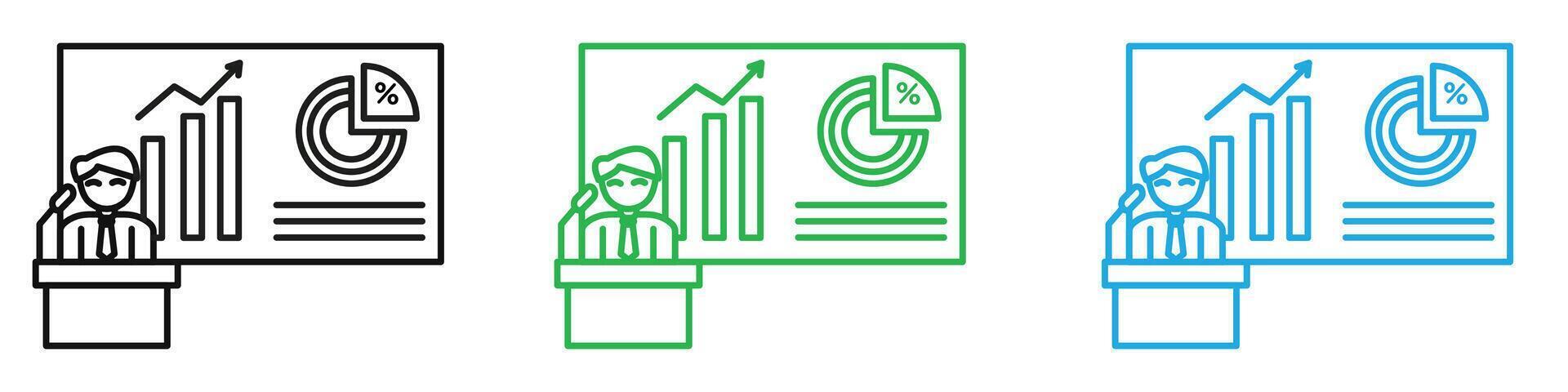 Presentation icon set featuring business meetings, seminars, and conference symbols, perfect for professional training vector