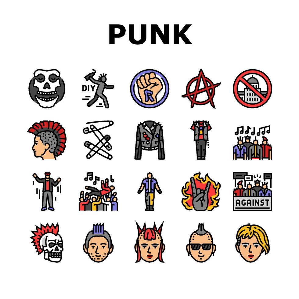 punk retro element hand art icons set vector
