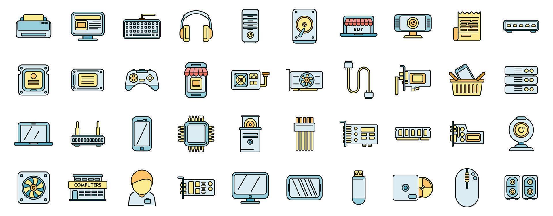 Computer store icons set vector color line