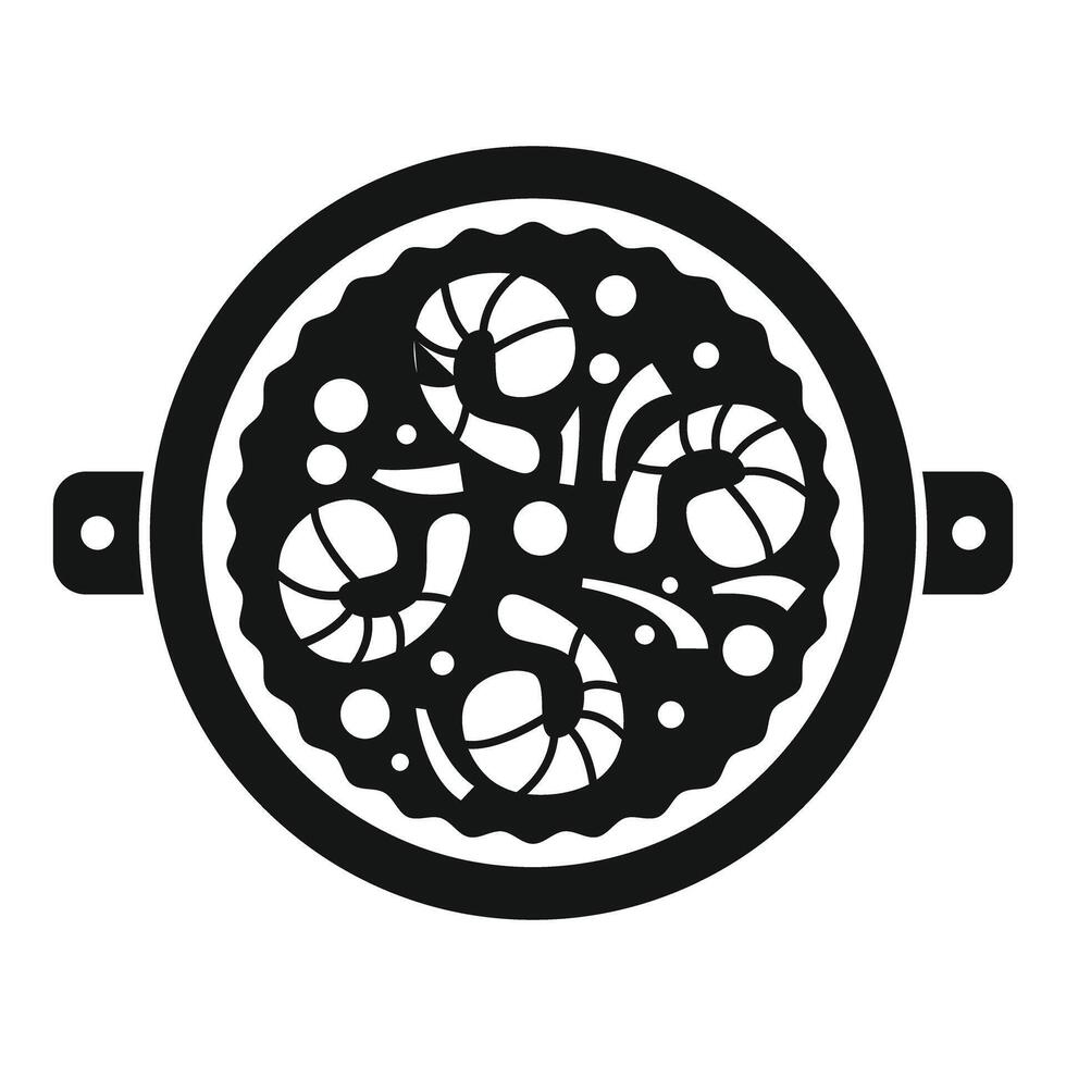 Black and white icon of a pan cooking shrimps vector