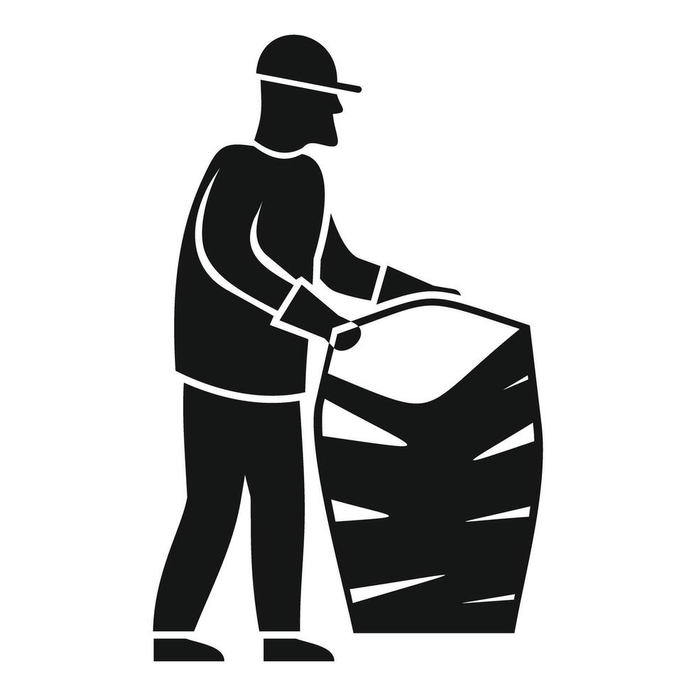Construction worker pushing heavy load icon, simple black style vector