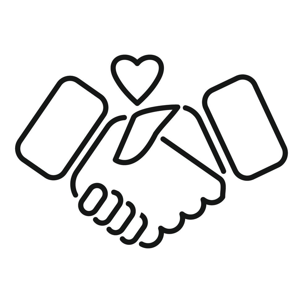 Line art drawing of two people shaking hands with a heart above them vector