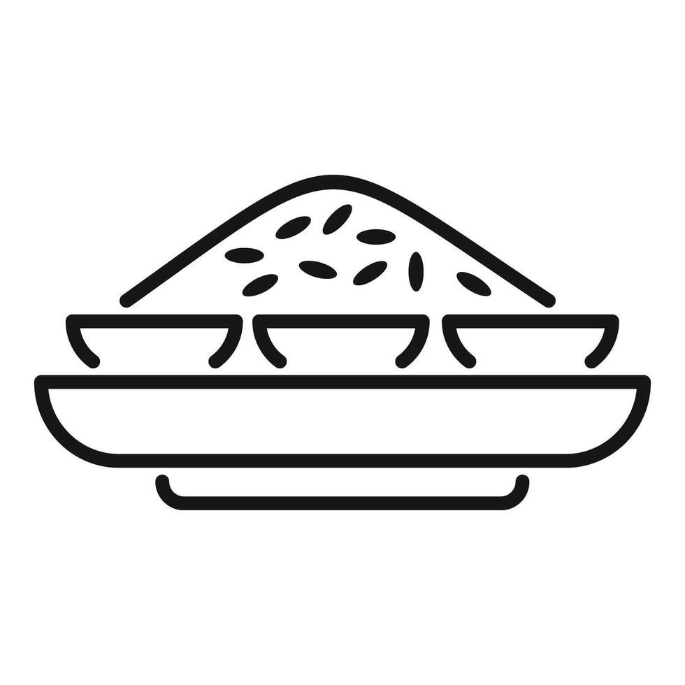 Pile of rice grains resembling a mountain on a plate with bowls line icon vector
