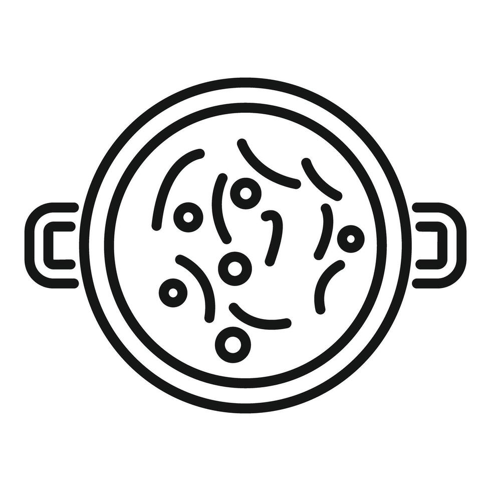 Cooking pot containing soup with noodles and vegetables line icon vector