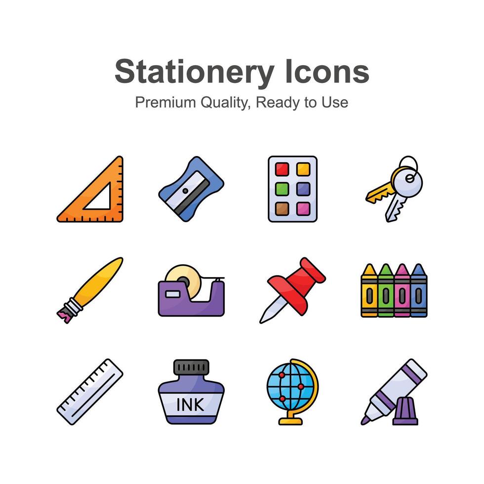 A premium set of stationery icons, ideal for representing writing, drawing, and office supplies vector