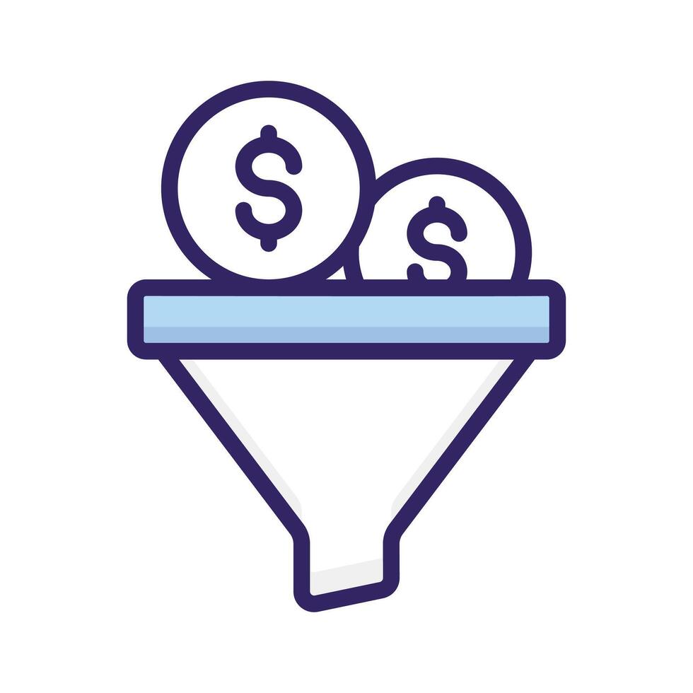 A funnel icon with dollar coins symbolizing the conversion of inputs into revenue vector