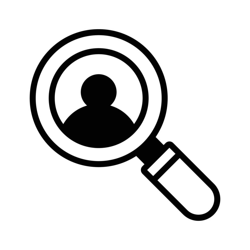 Person with magnifier showing concept of recruitment, employee search icon vector