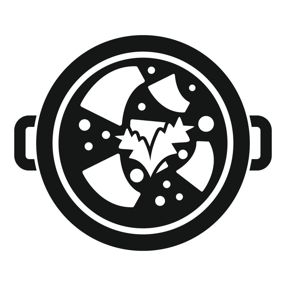 Round pot with handles containing boiling soup with pieces of meat and herbs, top view vector