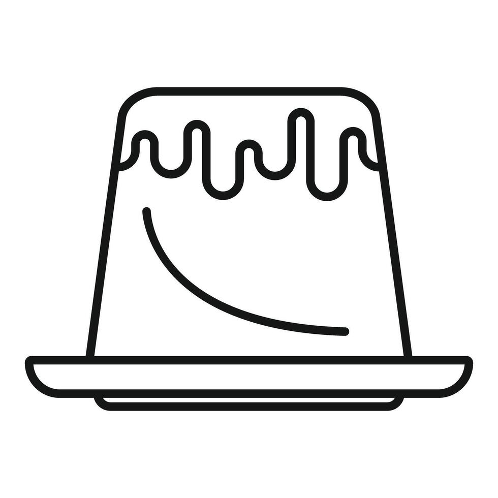 Delicious pudding dripping with chocolate sauce on plate line art icon vector