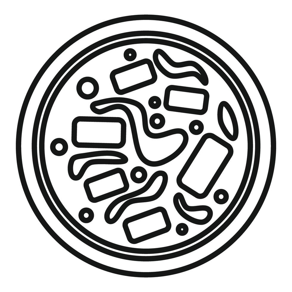 Delicious soup with meat and vegetables is steaming in bowl line icon vector