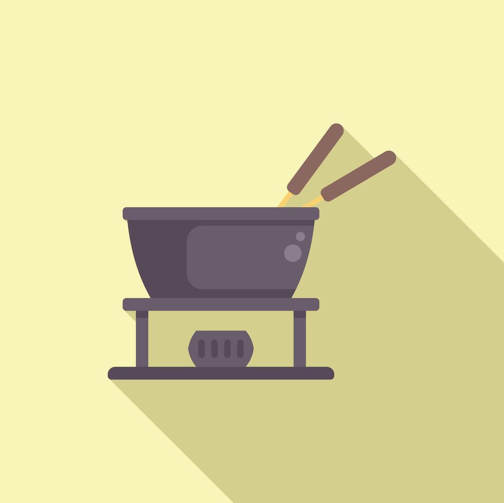 Traditional fondue pot heating on portable stove with two skewers vector