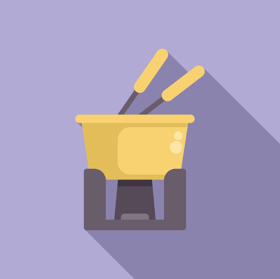 Yellow fondue pot standing on burning stove with two forks for dipping cheese vector