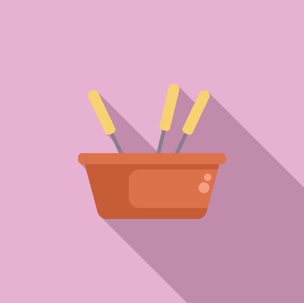 Ceramic pot with metal skewers for fondue cooking vector