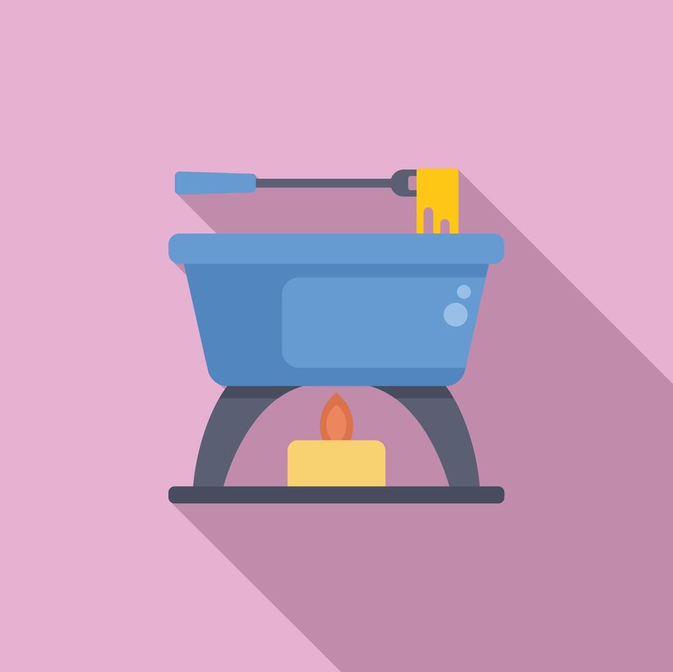 Cheese fondue pot warming on a lit candle with long fork holding bread vector
