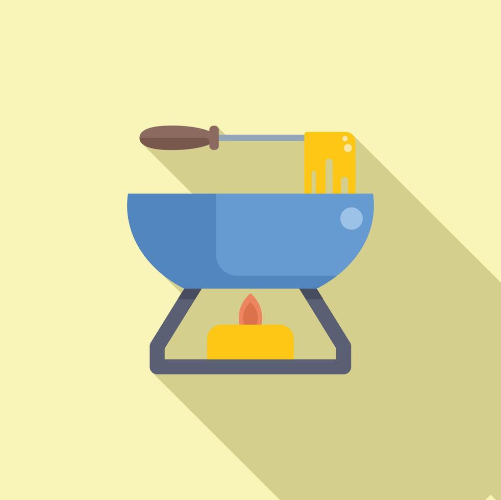 Fork holding melted cheese over pot on burning stove for fondue preparation vector