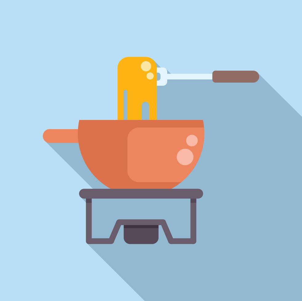 Fork dipping food in cheese fondue pot on burner vector