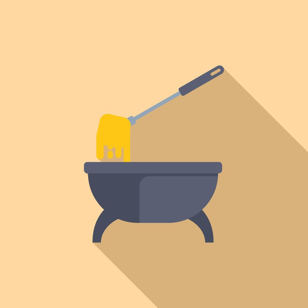 Metal fondue pot holding melted cheese with fondue fork vector