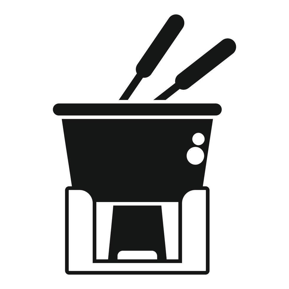 Chocolate fondue pot warming on a burner with two forks for dipping vector