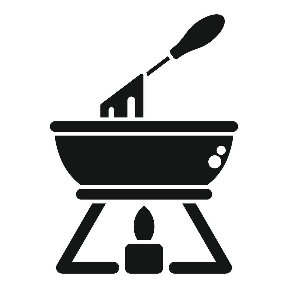 Fondue pot heating on a gas burner with a fork dipping food vector