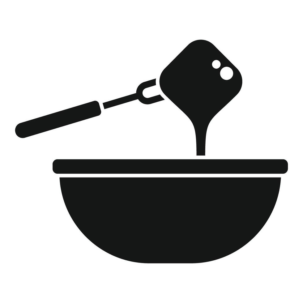 Fork dipping food into bowl icon, cooking and kitchen utensil symbol vector