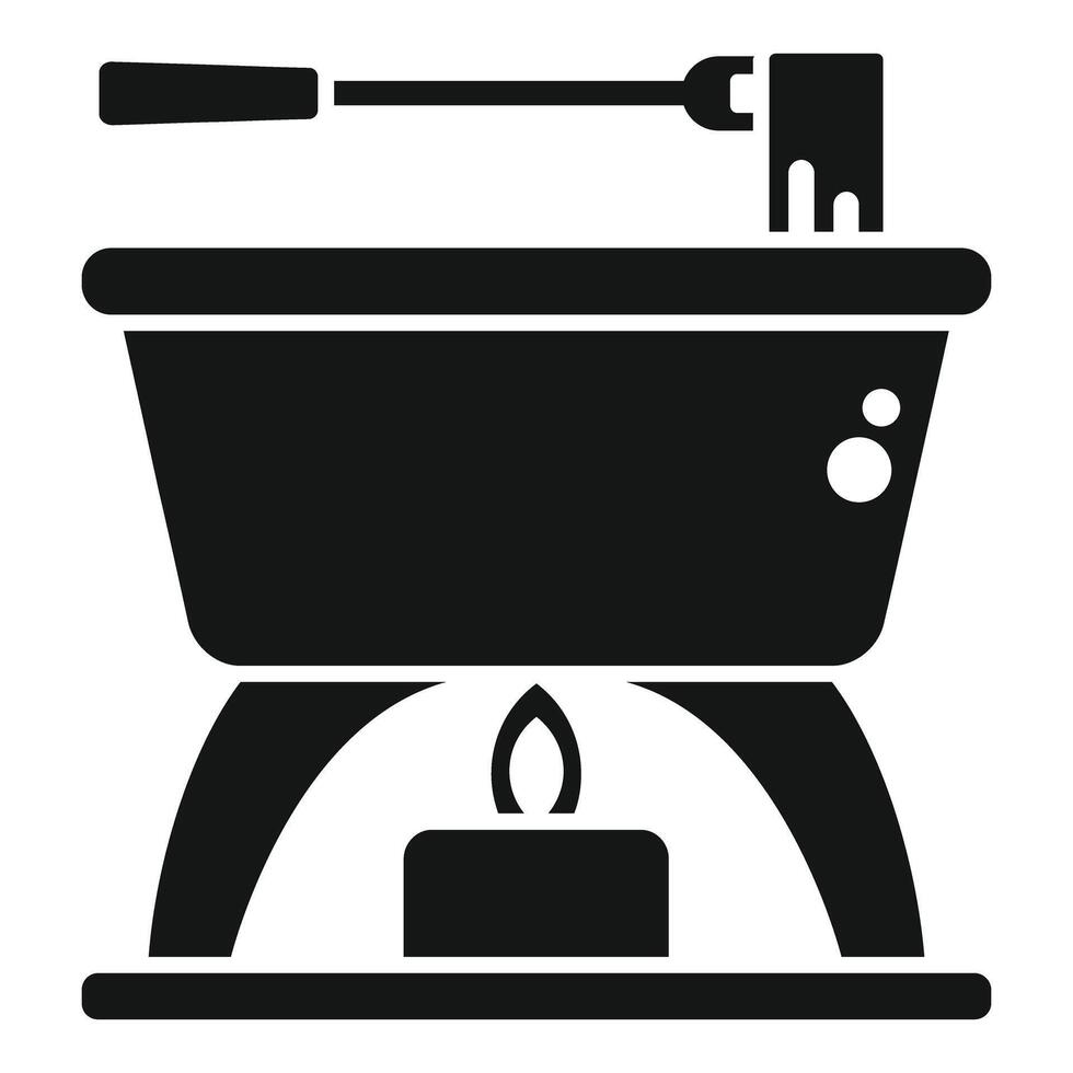Chocolate fondue pot warming on a lit candle stand with serving fork vector