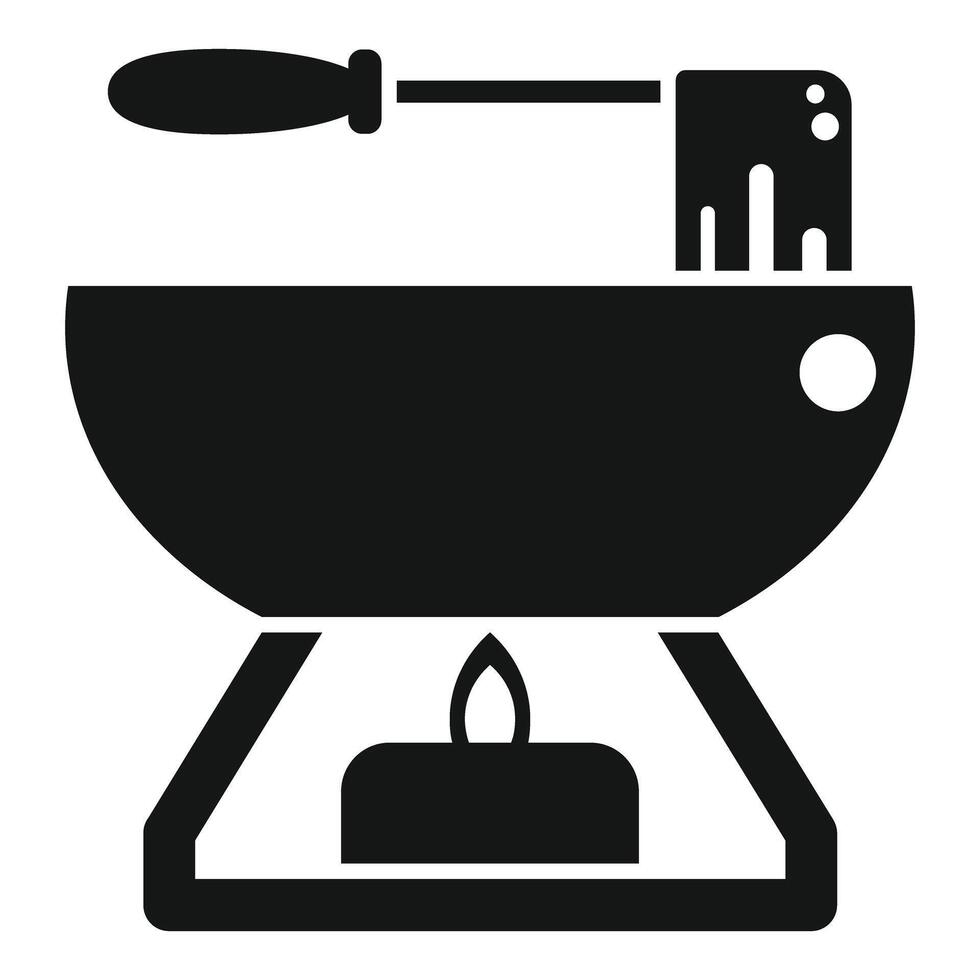 Fondue pot heating on burning candle with long fork dipping food icon vector