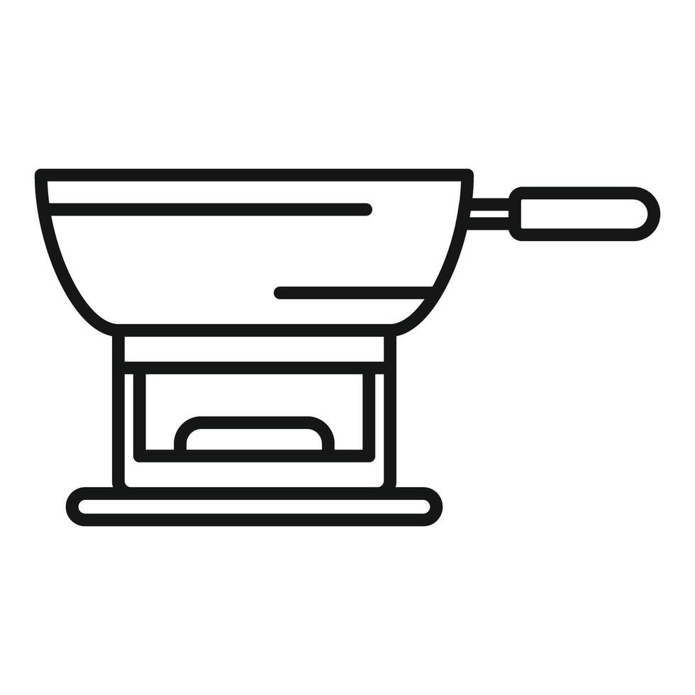 Wok cooking pan with handle standing on stove outline icon vector