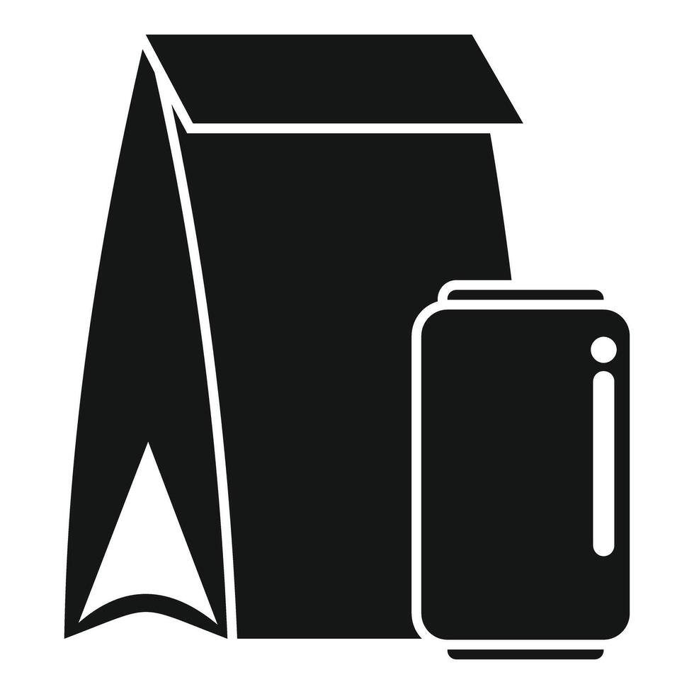 Black glyph style icon representing lunch bag with soda can vector