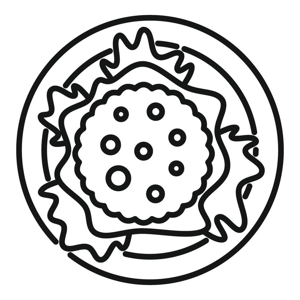 Round cutlet served on plate with lettuce, simple food icon vector